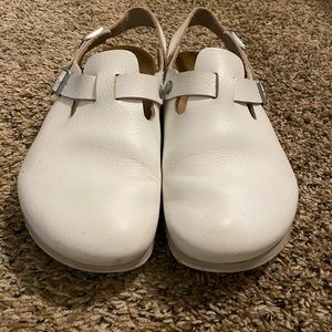 White Birkenstock clog with heel strap
